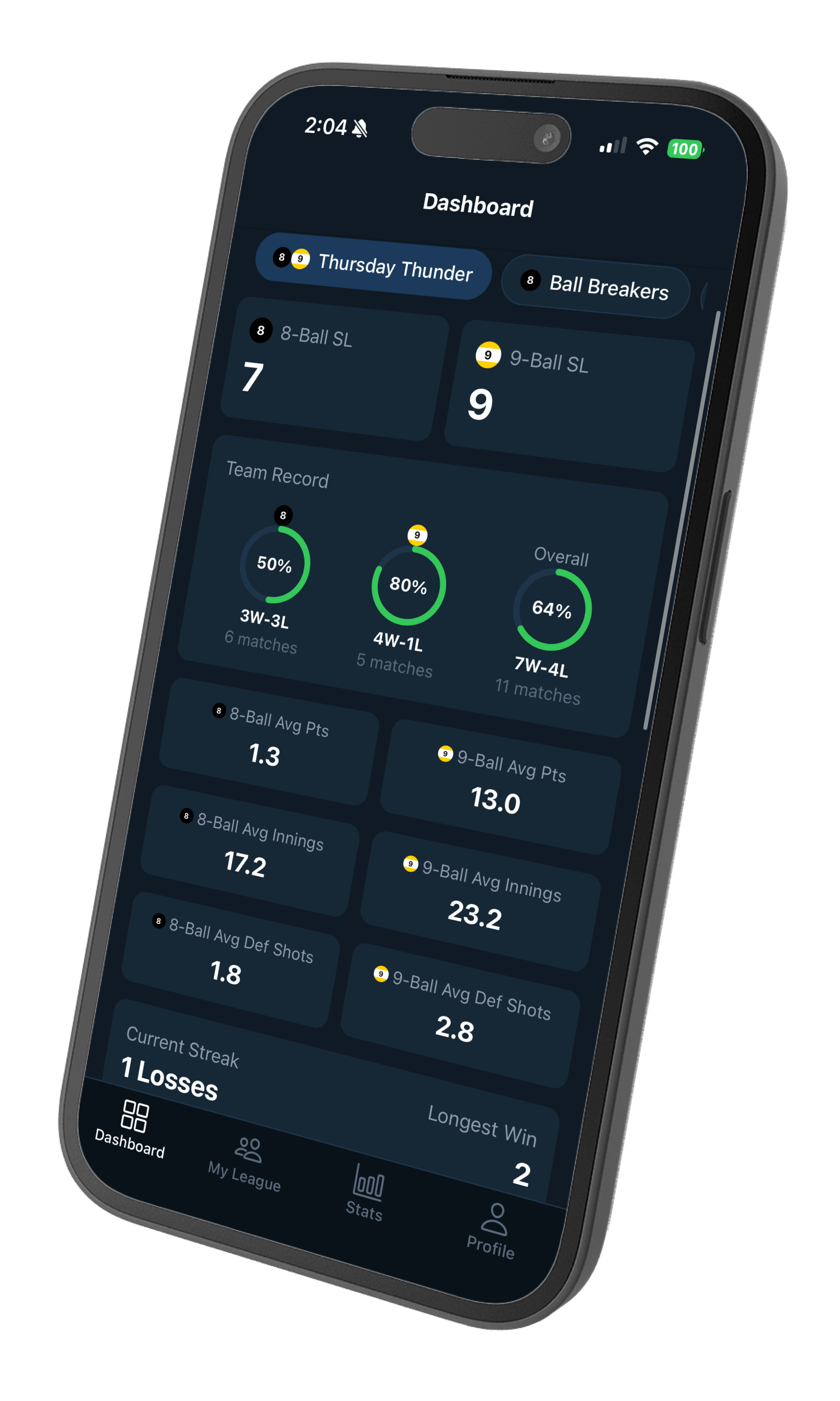 League Night mobile dashboard angled view