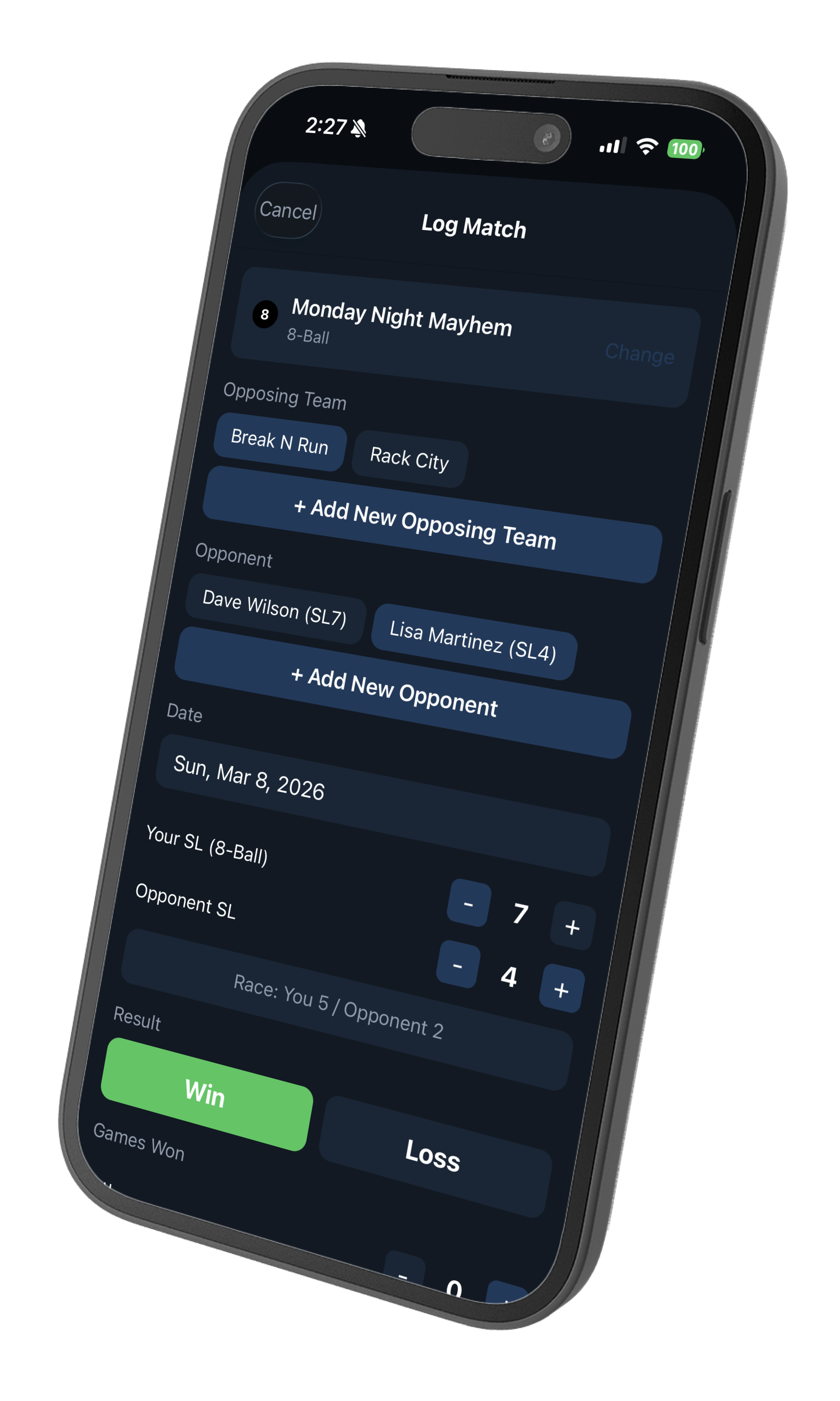 League Night log match screen angled view