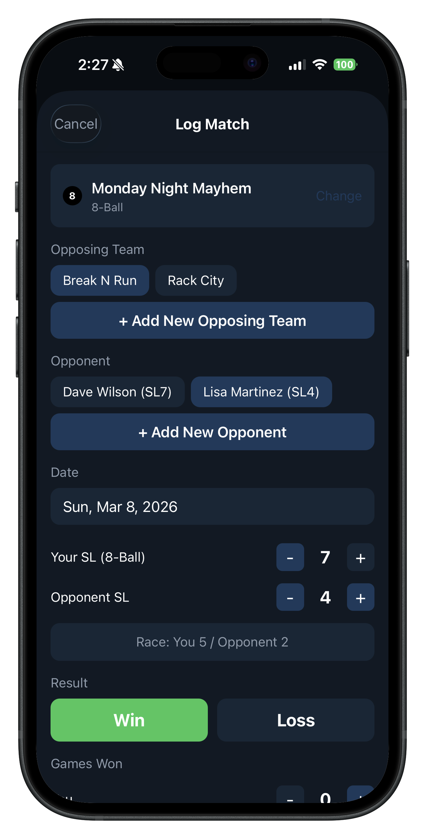 League Night log match screen showing APA scoring form